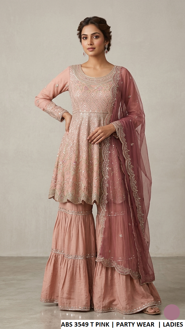 ABS 3549 TEA PINK - Tea Pink Chiffon Peplum 3-Piece Women's Pakistani Suit
