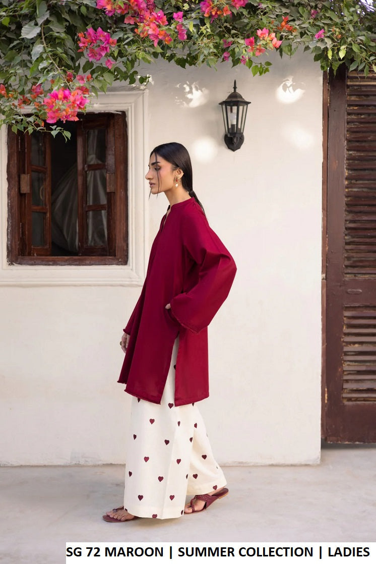 Pakistani women's maroon cotton short shirt plazo outfit detail view