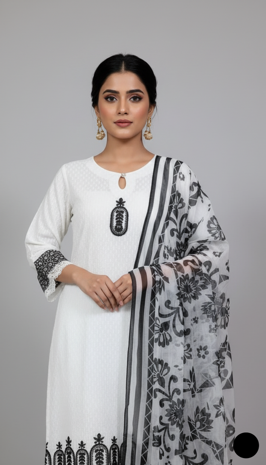 Lawn A-Line shirt white - Pakistani women's casual summer outfit with cotton trouser and lawn dupatta front view