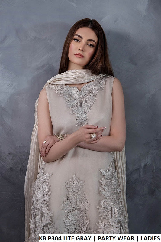 Light grey organza Pakistani women's straight shirt with crush sharara side view