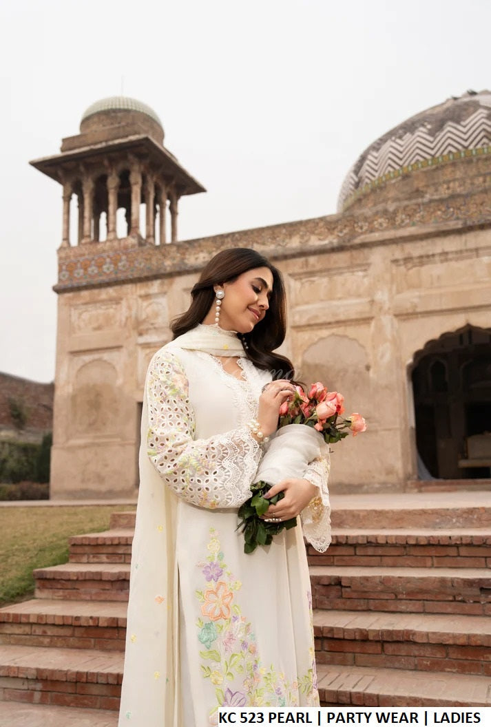 Pearl white georgette Pakistani women's chikankari embroidered straight shirt side view