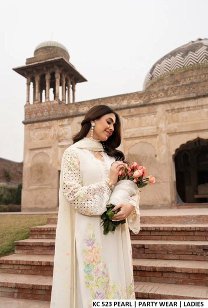 Pearl white georgette Pakistani women's chikankari embroidered straight shirt side view
