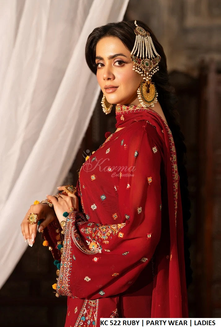 Pakistani women's ruby red georgette embroidered short shirt farshi shalwar back view