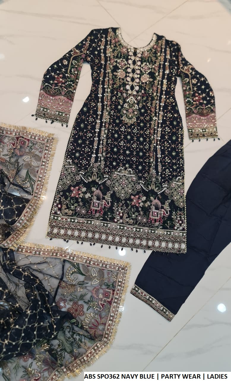 Pakistani women's navy blue chiffon straight shirt back view
