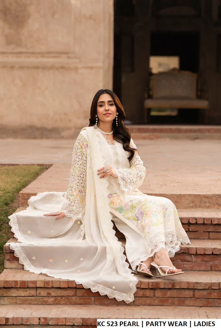Pakistani women's pearl white georgette chikankari embroidered straight shirt detail view