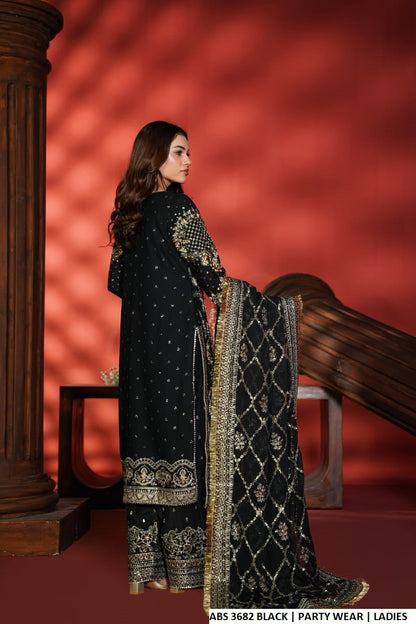 Pakistani women's black chiffon straight shirt with shalwar back view
