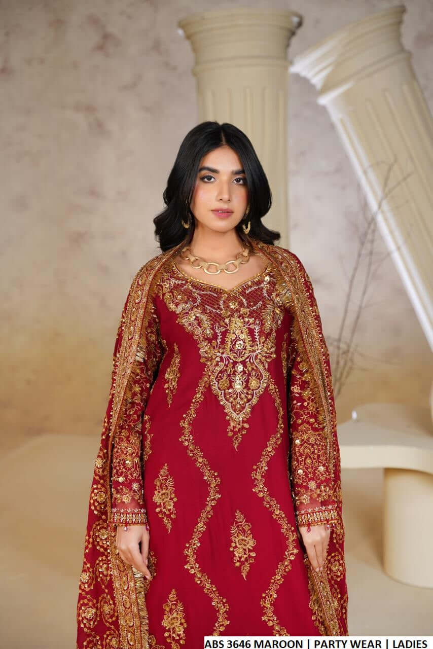 Maroon chiffon Pakistani women's A-Line shirt with sharara side view