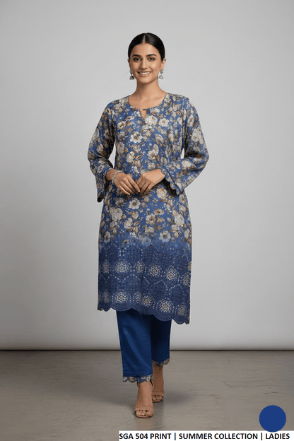 Lawn straight printed shirt - Pakistani women's casual summer outfit with cotton trouser and 2-piece dupatta front view