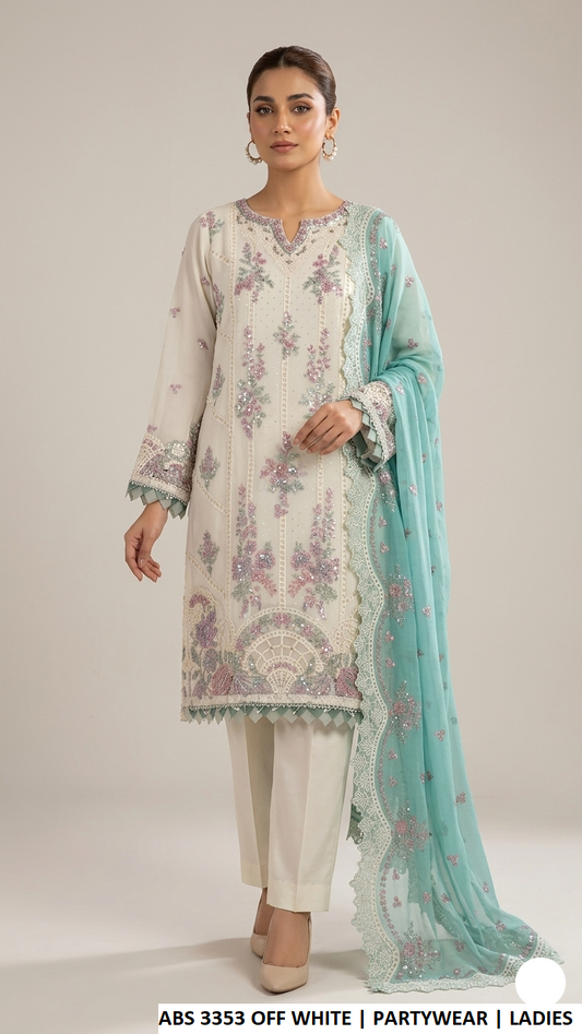 ABS 3353 OFF WHT - Off White Chiffon Straight 3-Piece Women's Pakistani Suit