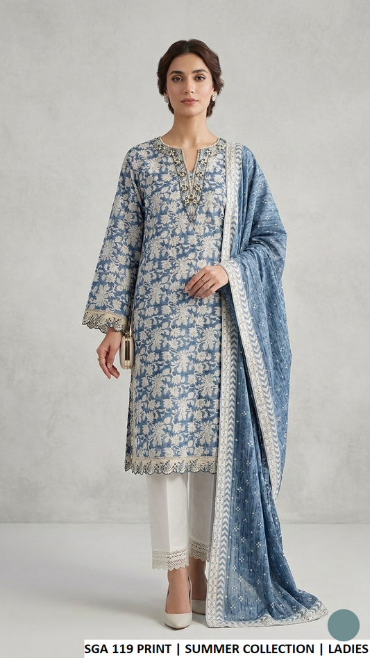 Lawn A-Line printed shirt - Pakistani women's casual summer outfit with cotton trouser and lawn dupatta front view