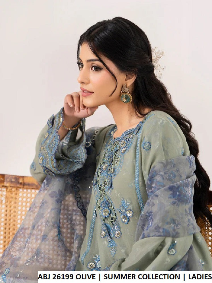 ABJ 26199 OLIVE GREEN - Olive Green Chiffon Straight 3-Piece Women's Pakistani Suit