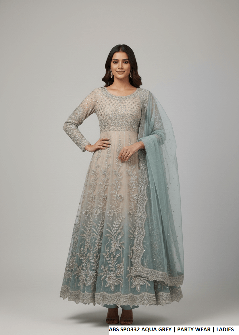 Chiffon straight shirt plazo aqua grey - Pakistani women's party wear with grip plazo and organza dupatta front view