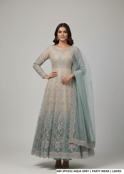 Chiffon straight shirt plazo aqua grey - Pakistani women's party wear with grip plazo and organza dupatta front view
