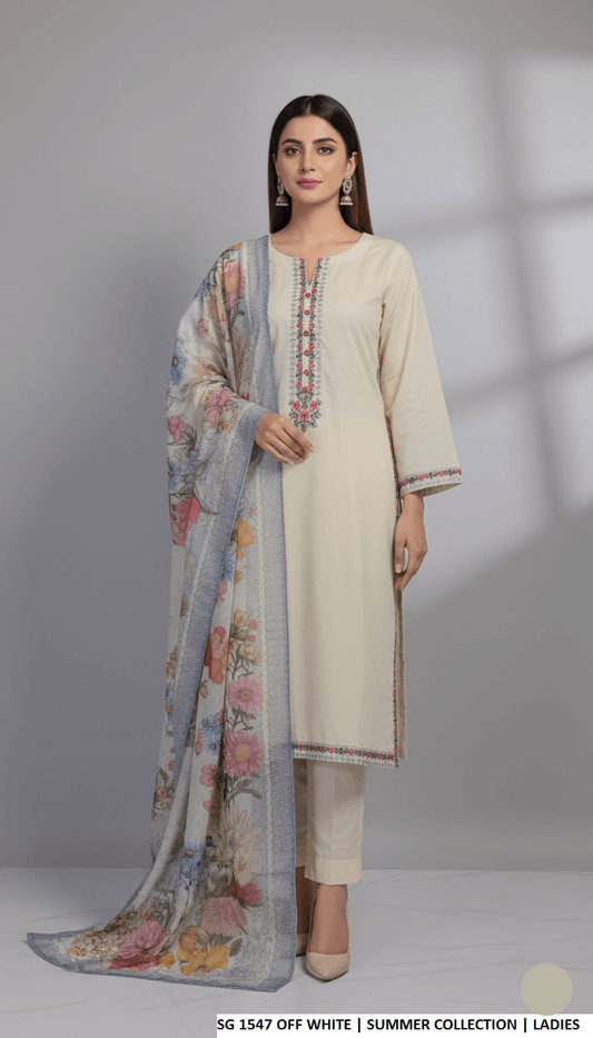 Lawn A-Line shirt off white - Pakistani women's casual summer outfit with cotton trouser and lawn dupatta front view