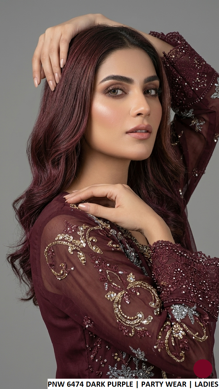 Dark purple chiffon Pakistani women's straight shirt with plazo side view
