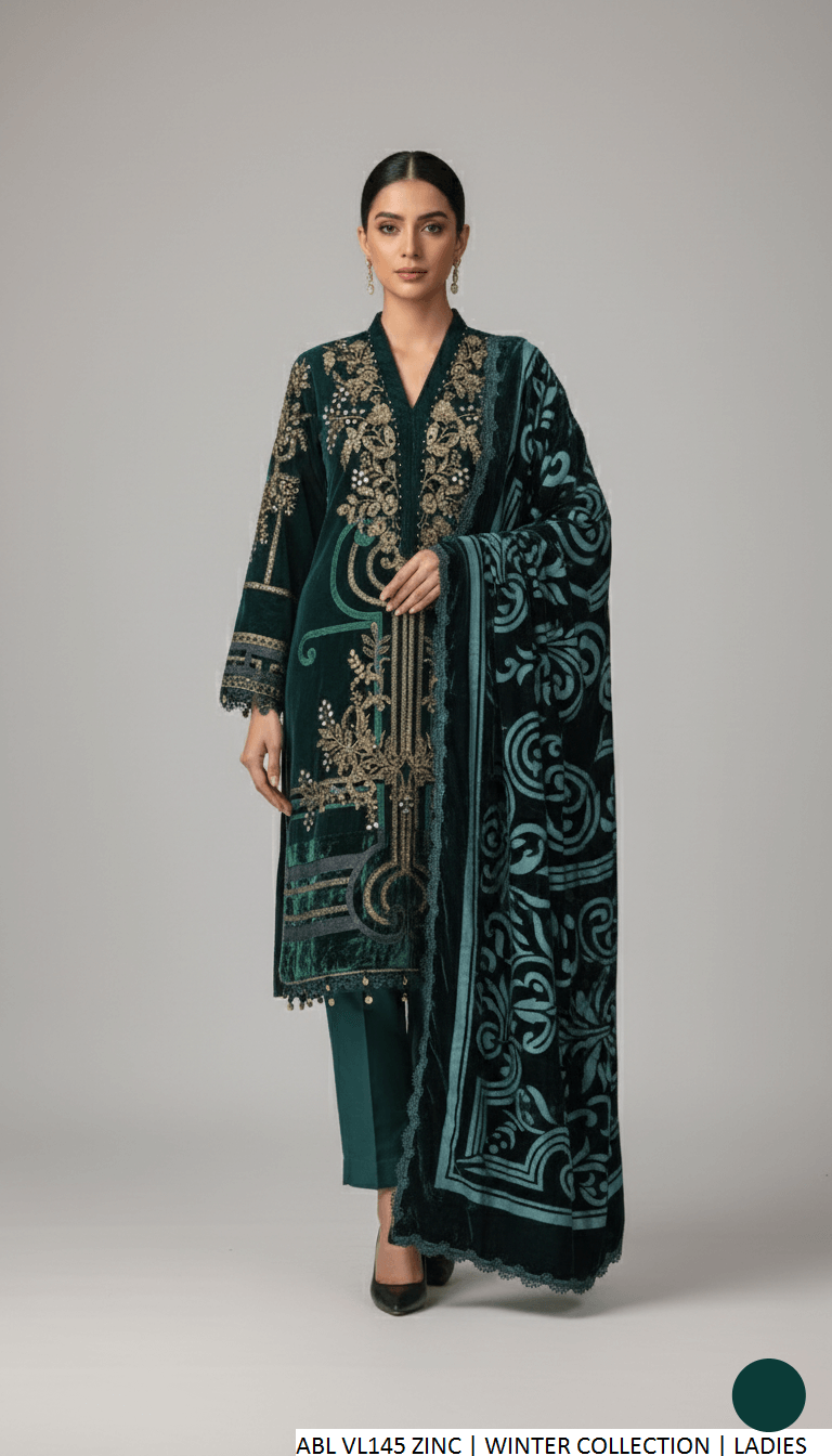 Velvet A-Line shirt zinc grey - Pakistani women's formal winter wear with viscose trouser and palachi shawl front view