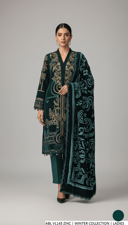 Velvet A-Line shirt zinc grey - Pakistani women's formal winter wear with viscose trouser and palachi shawl front view