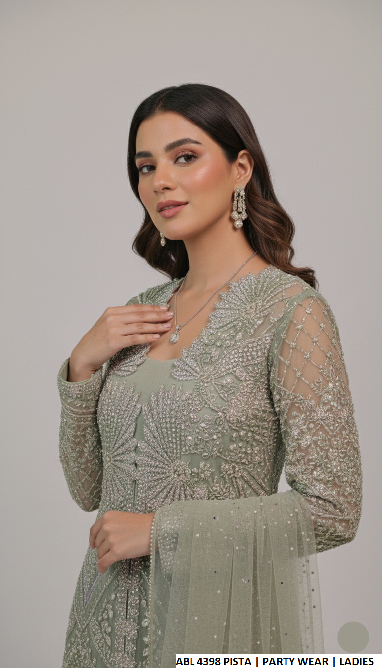 Pista green organza Pakistani women's straight shirt side view