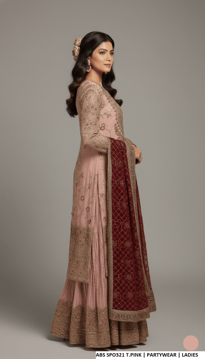 Pakistani women's tea pink chiffon straight shirt plazo detail view