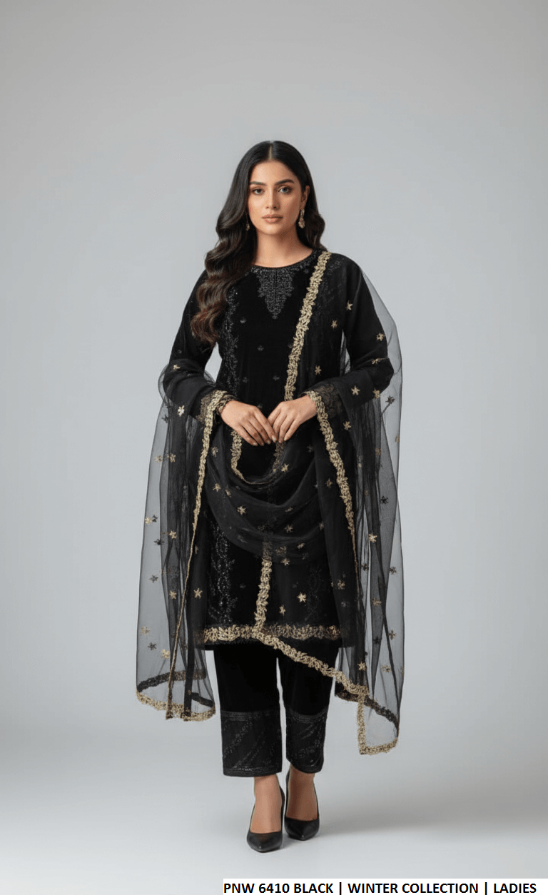 Velvet straight shirt black - Pakistani women's winter formal wear with grip trouser and velvet dupatta front view