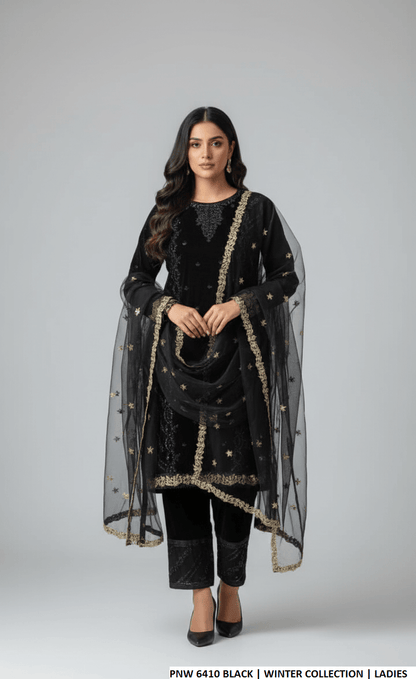 Velvet straight shirt black - Pakistani women's winter formal wear with grip trouser and velvet dupatta front view