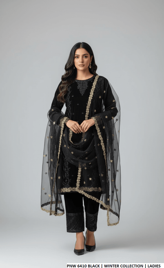 Velvet straight shirt black - Pakistani women's winter formal wear with grip trouser and velvet dupatta front view