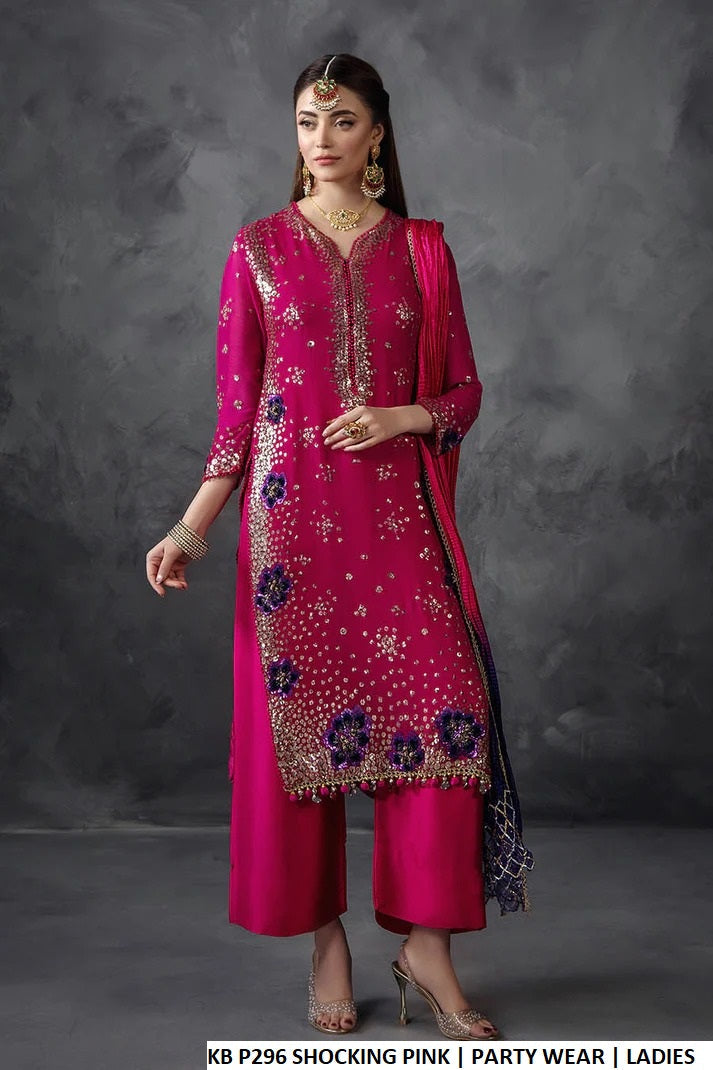 Crinkle chiffon embellished shirt shocking pink - Pakistani women's luxury party wear with chermeuse silk shalwar and silk dupatta front view