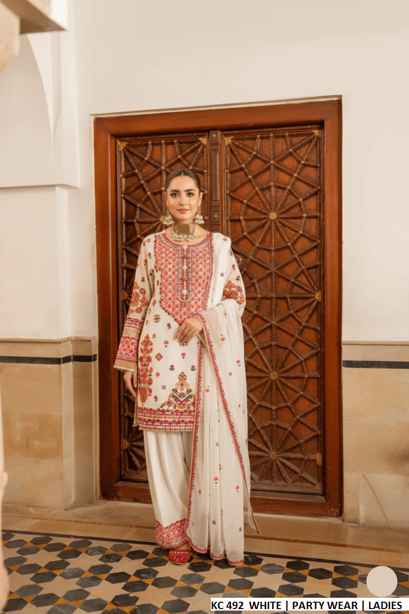 Pakistani women's white silk long kaftan plazo back view
