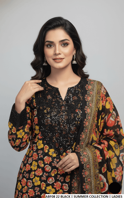 Lawn long frock plazo printed - Pakistani women's casual summer outfit with digital print dupatta front view