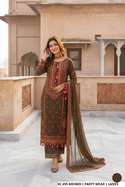 Pakistani women's mehndi green silk long shirt plazo back view