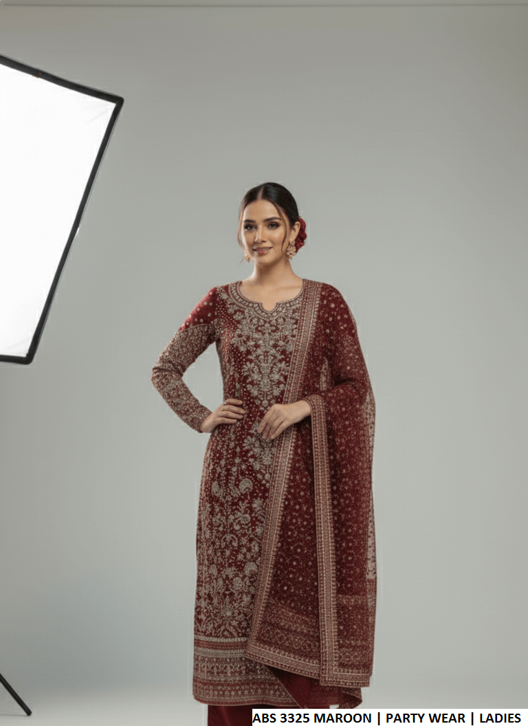 Pakistani women's maroon chiffon straight shirt detail view