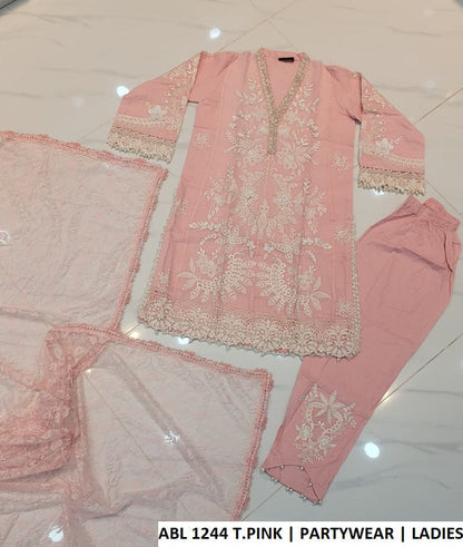 Pakistani women's tea pink khadi net straight shirt outfit back view