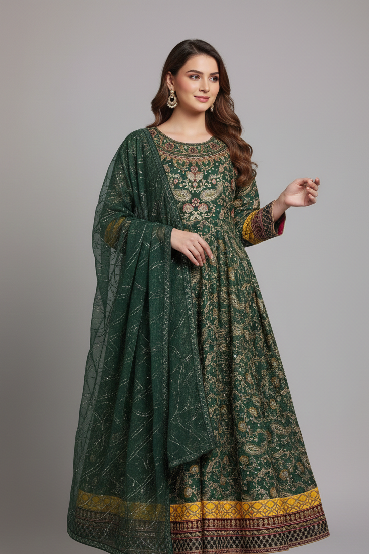 Chiffon full-flare long frock HE 1147 - Pakistani women's formal wear with viscose trouser front view