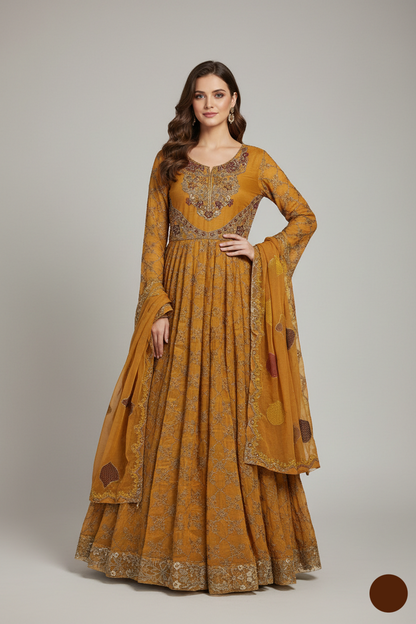 Chiffon long frock HE 1181 - Pakistani women's elegant formal wear with viscose trouser front view