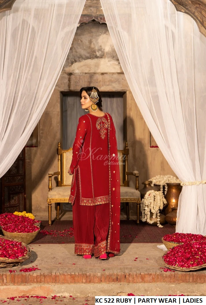 Pakistani women's ruby red georgette embroidered farshi shalwar outfit detail view