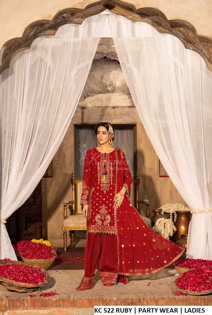 Georgette chiffon short shirt farshi shalwar ruby red - Pakistani women's embroidered festive outfit with gotta chiffon dupatta front view