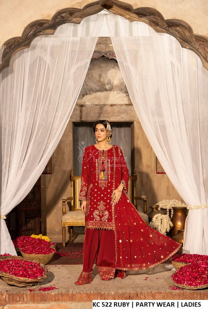 Georgette chiffon short shirt farshi shalwar ruby red - Pakistani women's embroidered festive outfit with gotta chiffon dupatta front view