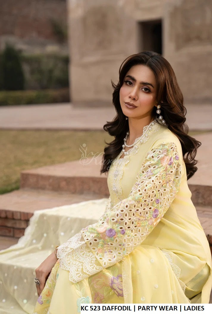 Daffodil yellow georgette Pakistani women's chikankari embroidered straight shirt side view