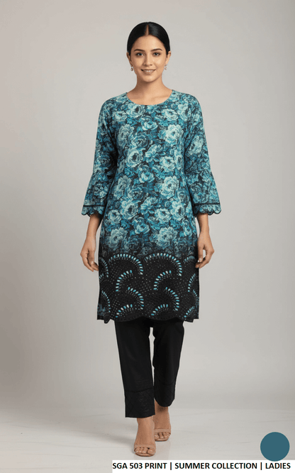 Lawn straight printed shirt - Pakistani women's casual summer outfit with cotton trouser and 2-piece dupatta front view