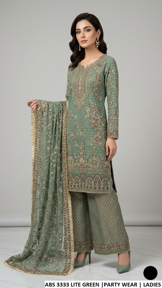 ABS 3333 LITE GREEN - Lite Green Chiffon Straight 3-Piece Women's Pakistani Suit