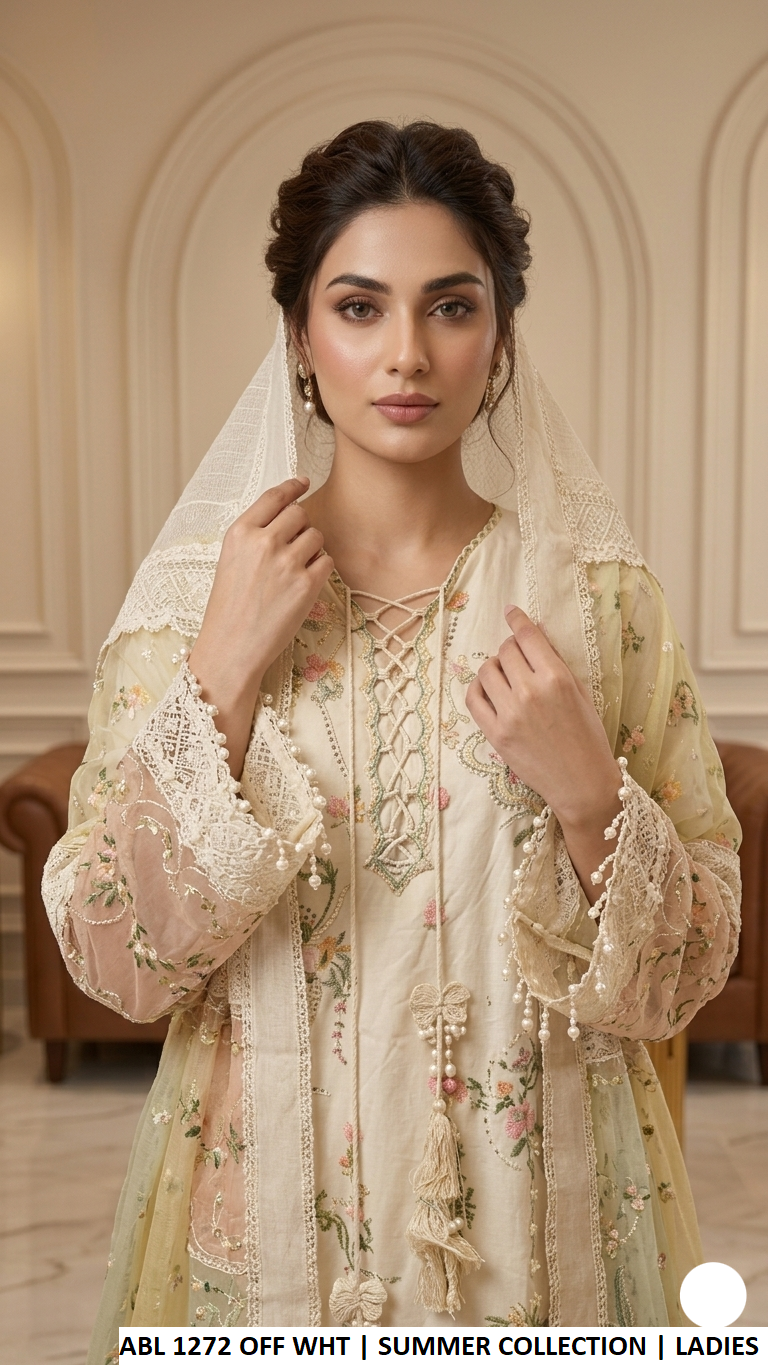 ABL 1272 OFF WHITE - Off White Cotton Straight 3-Piece Women's Pakistani Suit