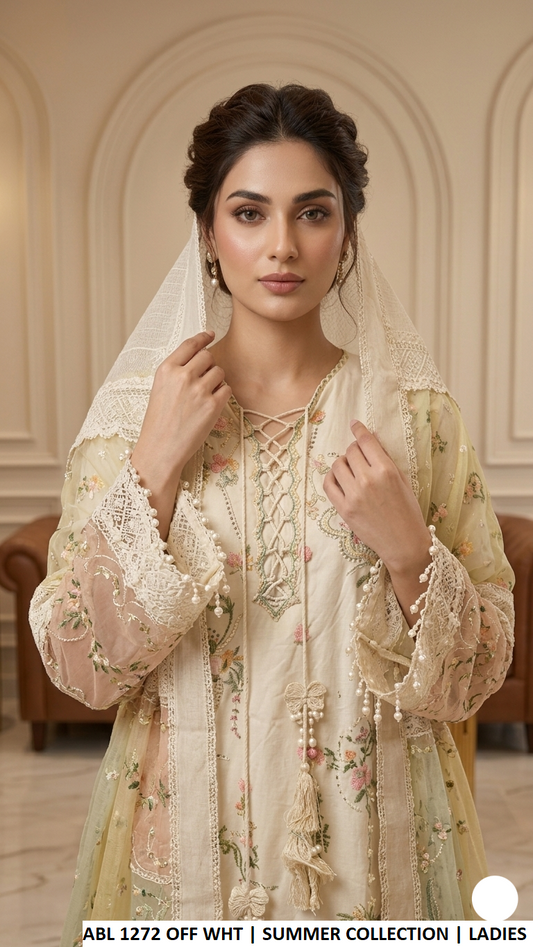ABL 1272 OFF WHITE - Off White Cotton Straight 3-Piece Women's Pakistani Suit