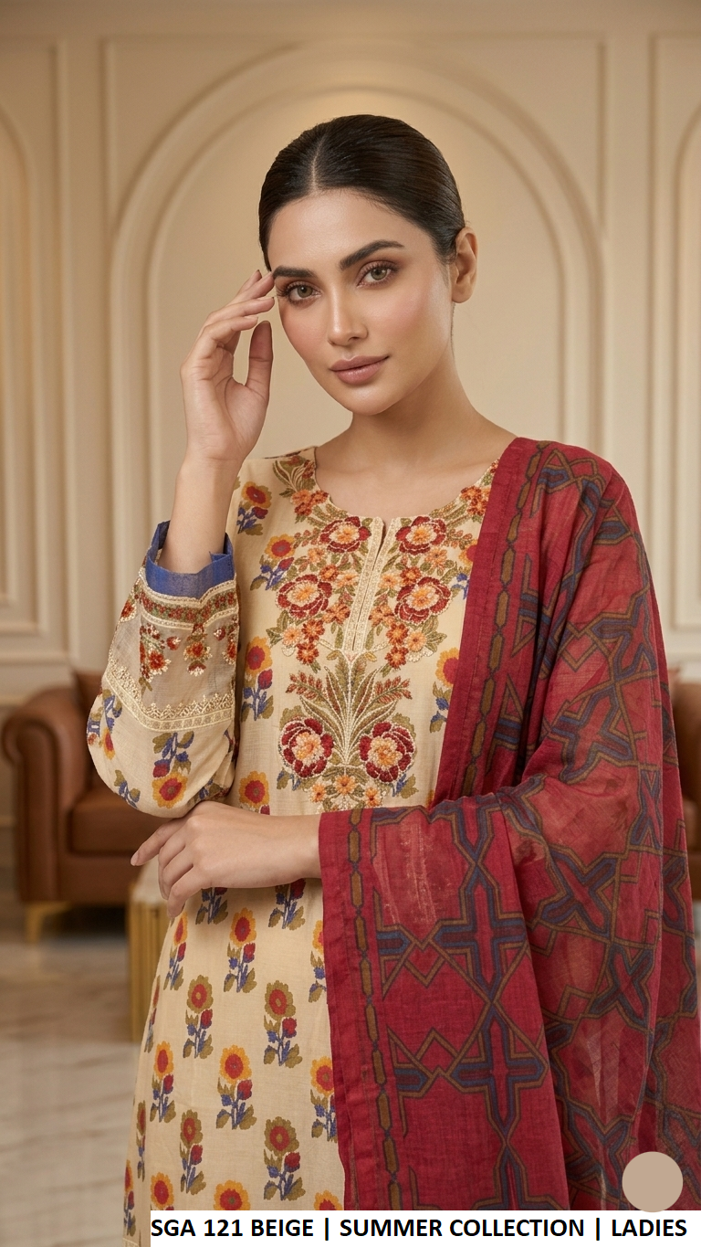 SGA 121 BEIGE - Beige Lawn 3-Piece Women's Plazo Suit for Casual Wear