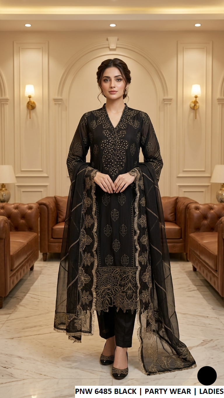 PNW 6485 BLACK - Black Chiffon Straight 3-Piece Women's Pakistani Suit