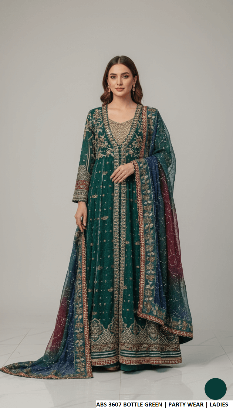 Chiffon straight shirt bottle green - Pakistani women's elegant formal wear with grip trouser and chiffon dupatta front view