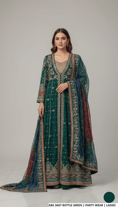 Chiffon straight shirt bottle green - Pakistani women's elegant formal wear with grip trouser and chiffon dupatta front view