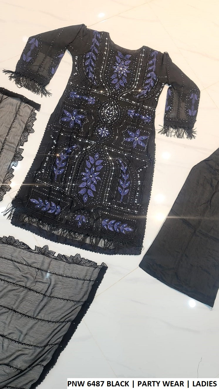 PNW 6487 BLACK - Black Chiffon Straight Plazo 3-Piece Women's Pakistani Suit