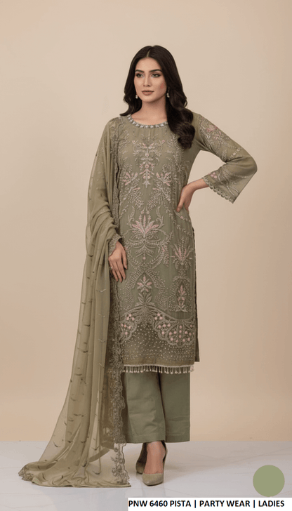 Pakistani women's pista green chiffon straight shirt plazo back view