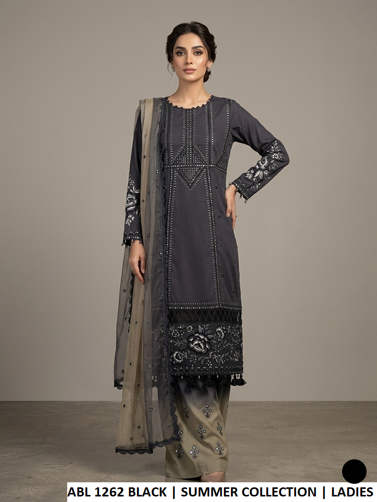 Poly lawn straight shirt plazo black - Pakistani women's casual outfit with deep chiffon dupatta front view