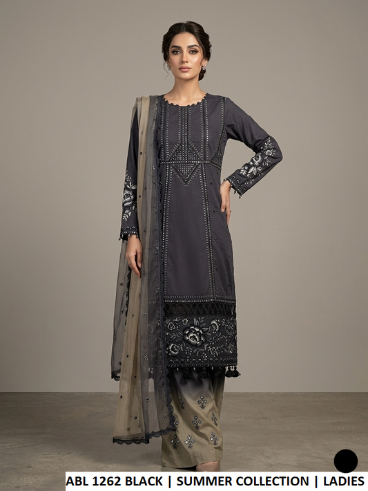 Poly lawn straight shirt plazo black - Pakistani women's casual outfit with deep chiffon dupatta front view